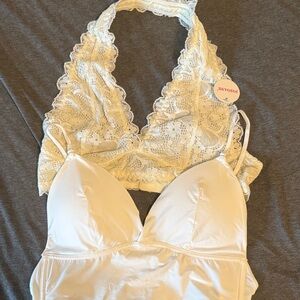 Women's Cream Lace Bralette and Satin Camisole Set